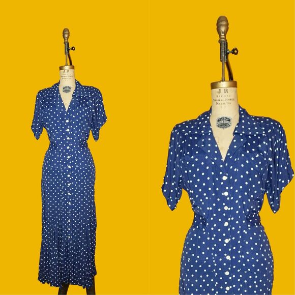1970s-1980s 40s StylePolka Dot Drop Waist Button Up Back Peplum Dress. S-M AS IS - Picture 1 of 10